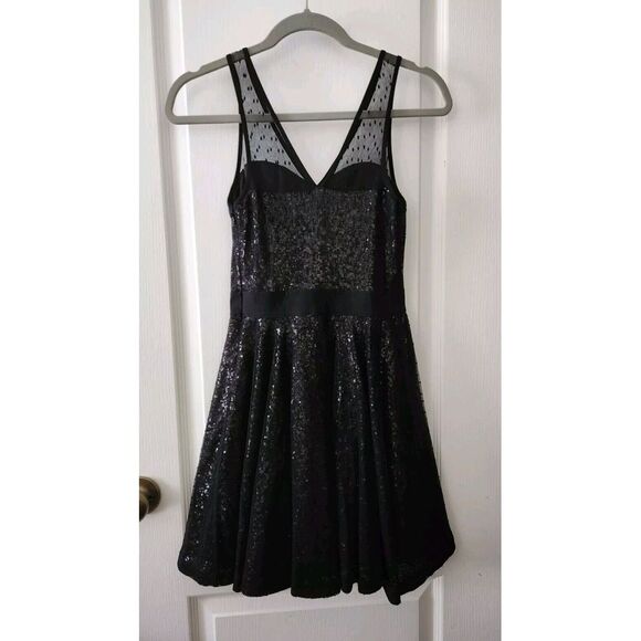 Express Sequin Dress Women's Black Mesh Overlay Sleeveless Side Zip Mini Size XS - Picture 5 of 11